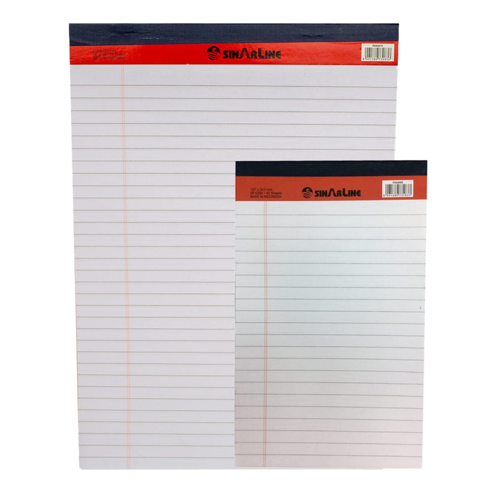 Sinarline Legal Pad, line ruled, 56gsm, 40sheets/pad, White, Assorted Sizes