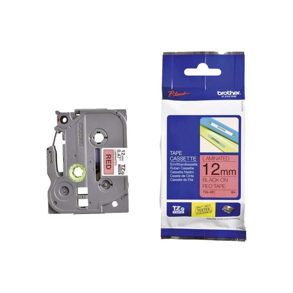 Brother P-touch 12mm TZ-431 Laminated Tape, 8 m, Black on Red