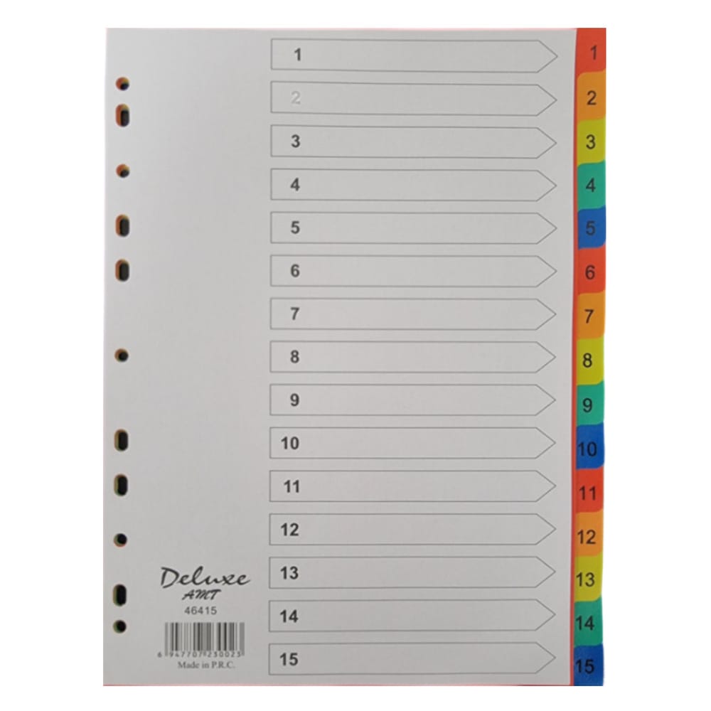 Deluxe Divider Plastic Colored A4, with numbers 1-15